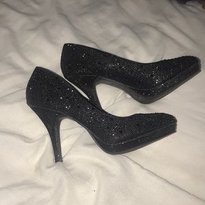 Silver Slipper Black Platform Heels w/ Rhinestones
